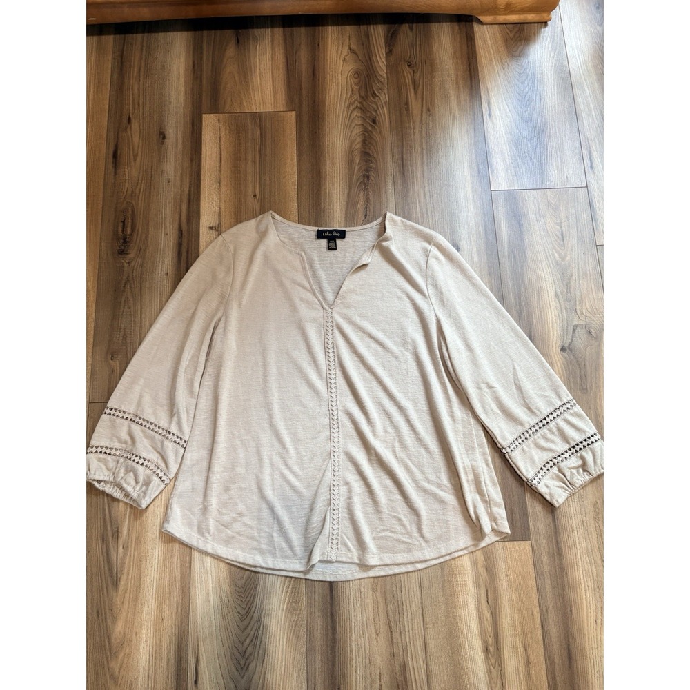 Melissa Paige Peasant Blouse Shirt Beige Women's Large Tan Boho V-neck